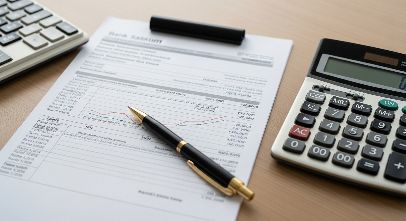 Extrato bancário sobre mesa de escritório com calculadora ao lado