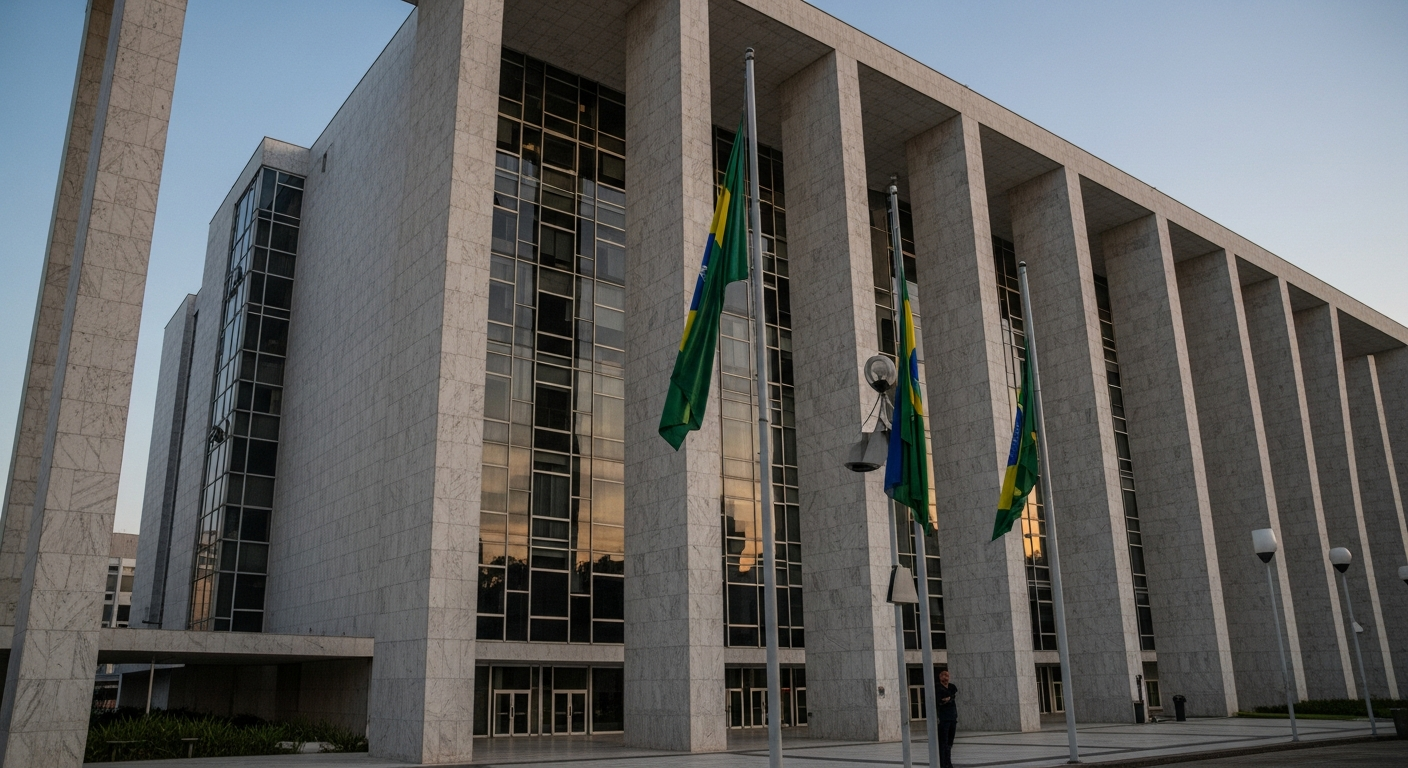 Fachada de tribunal federal brasileiro com arquitetura modernista iluminada ao entardecer