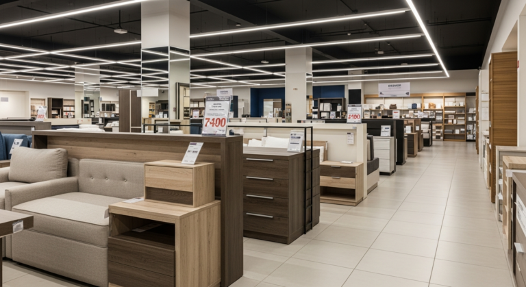 Interior de loja de móveis com expositores semivazios em tom de encerramento comercial