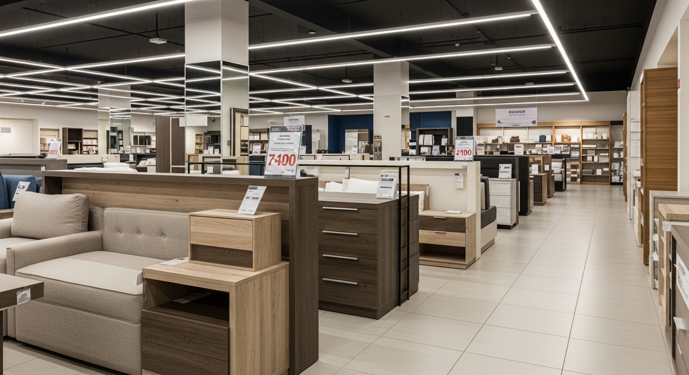 Interior de loja de móveis com expositores semivazios em tom de encerramento comercial