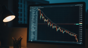 Monitor com gráfico de queda acentuada em pregão de bolsa de valores