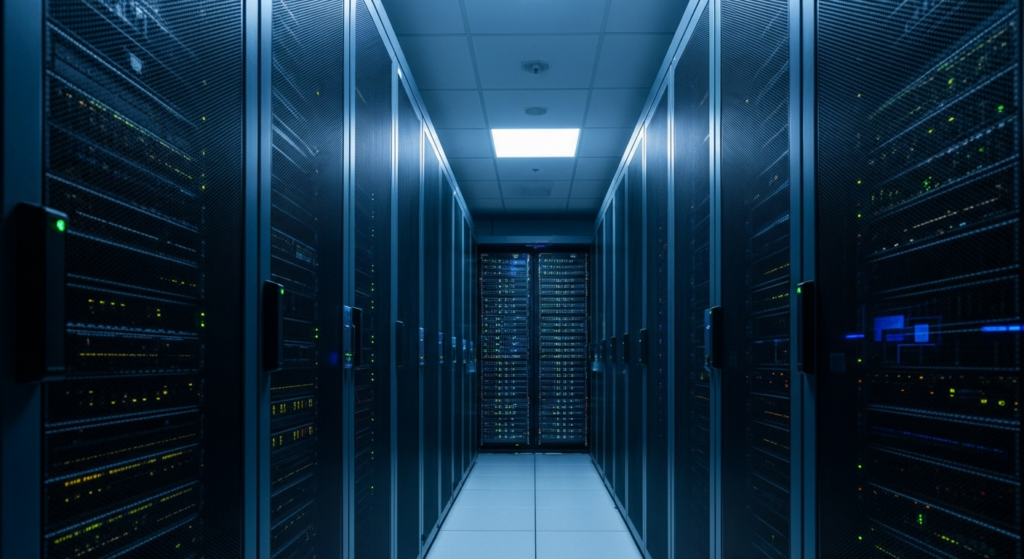 Corredor de servidores em datacenter com iluminação azulada