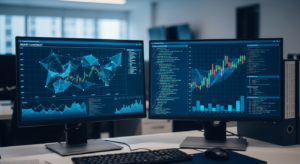 monitores em ambiente corporativo exibindo redes blockchain e dados financeiros