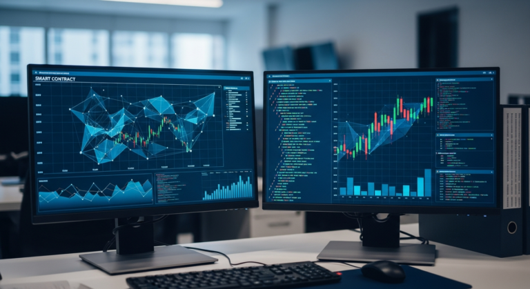 monitores em ambiente corporativo exibindo redes blockchain e dados financeiros