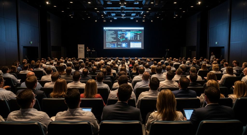 Plateia profissional em auditório assistindo apresentação de dados em grande evento financeiro