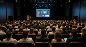 Plateia profissional em auditório assistindo apresentação de dados em grande evento financeiro