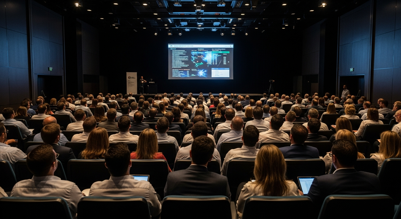 Plateia profissional em auditório assistindo apresentação de dados em grande evento financeiro