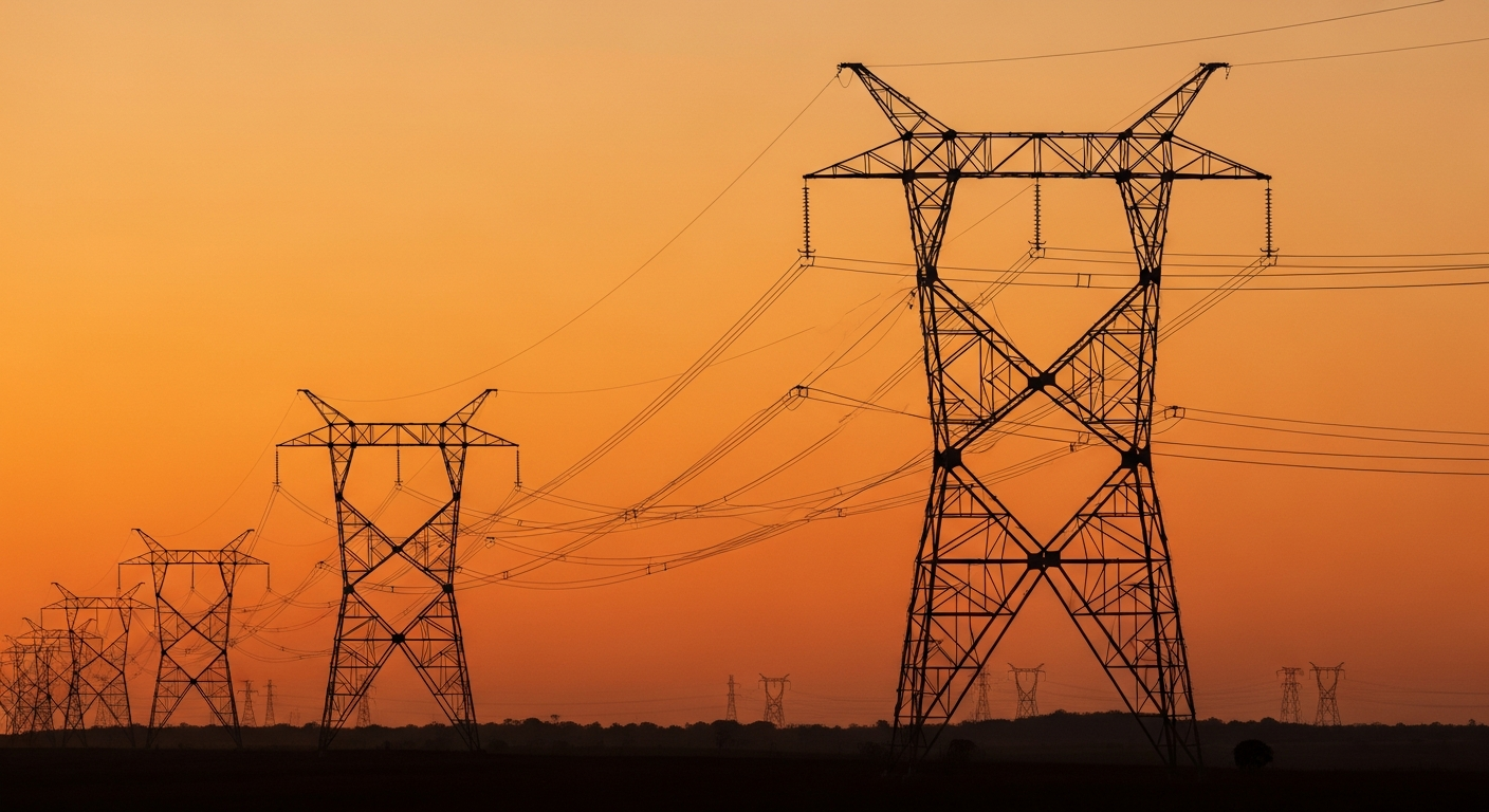 Torres de transmissão de energia elétrica ao entardecer no cerrado brasileiro