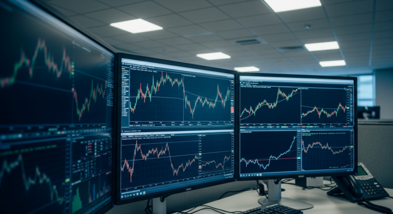 Mesa de operação com telas de trading mostrando dados parados no horário do pregão