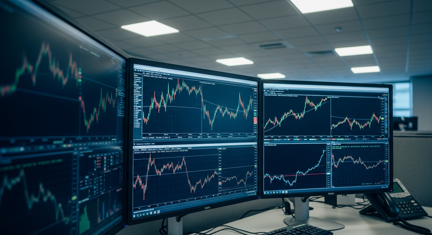 Mesa de operação com telas de trading mostrando dados parados no horário do pregão