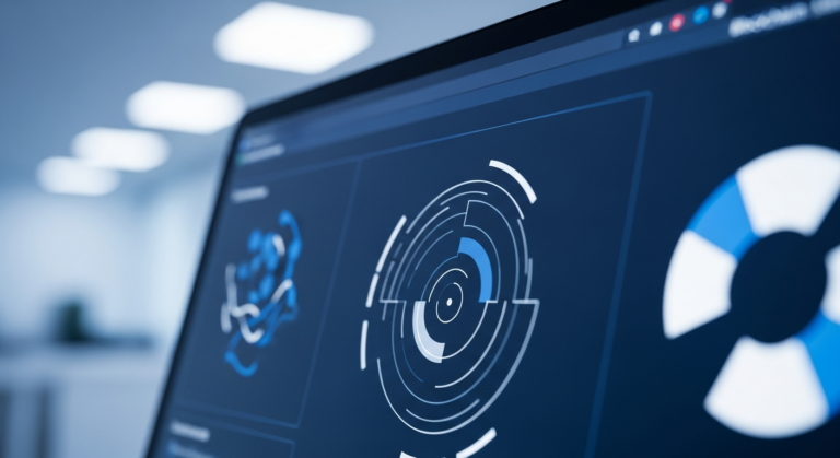 Interface de tecnologia blockchain em tela de computador com elementos gráficos abstratos