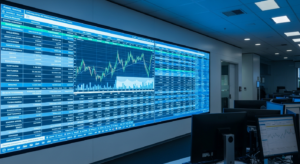 painel de dados financeiros em tela grande de escritório corporativo moderno