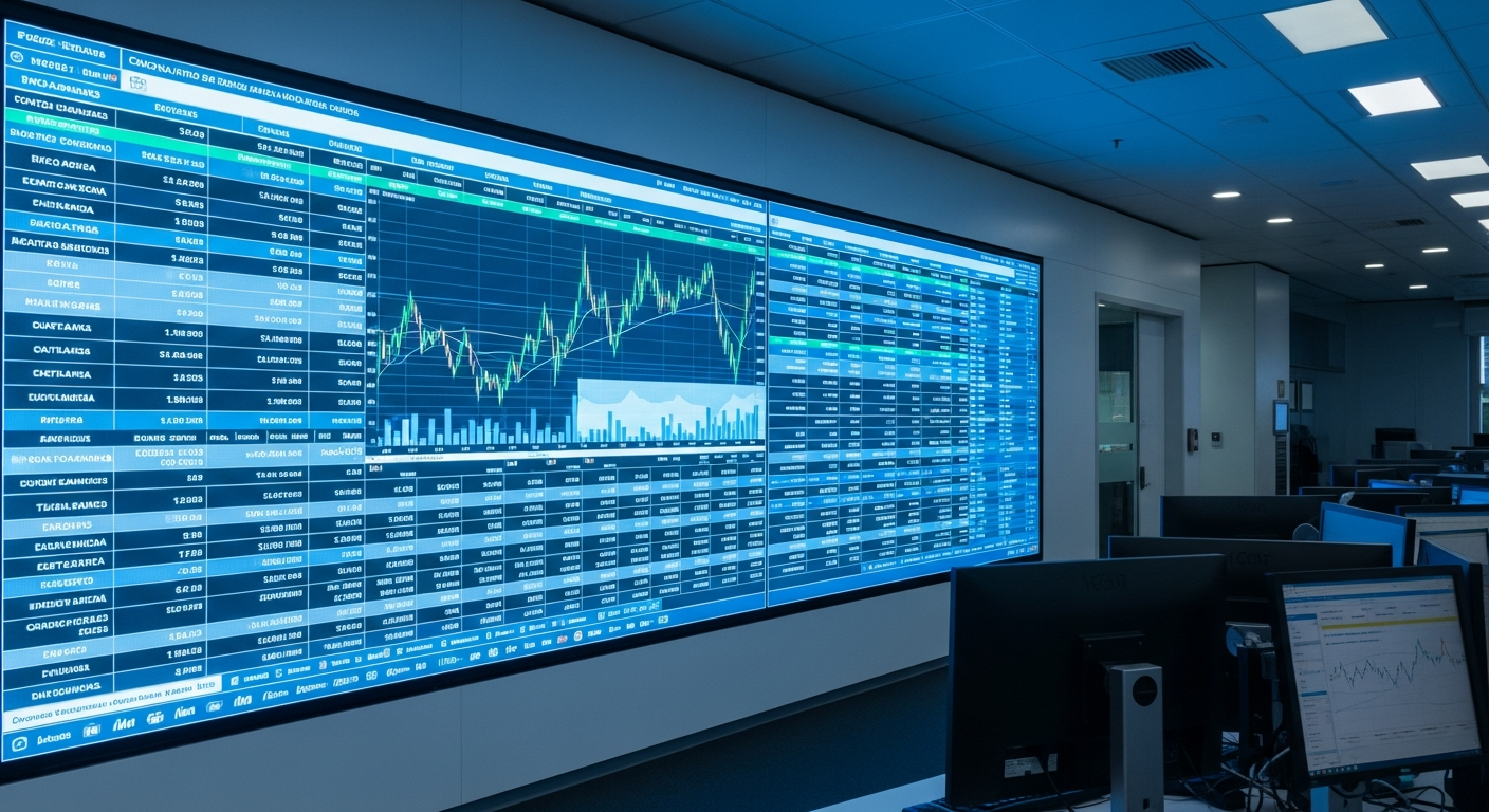 painel de dados financeiros em tela grande de escritório corporativo moderno