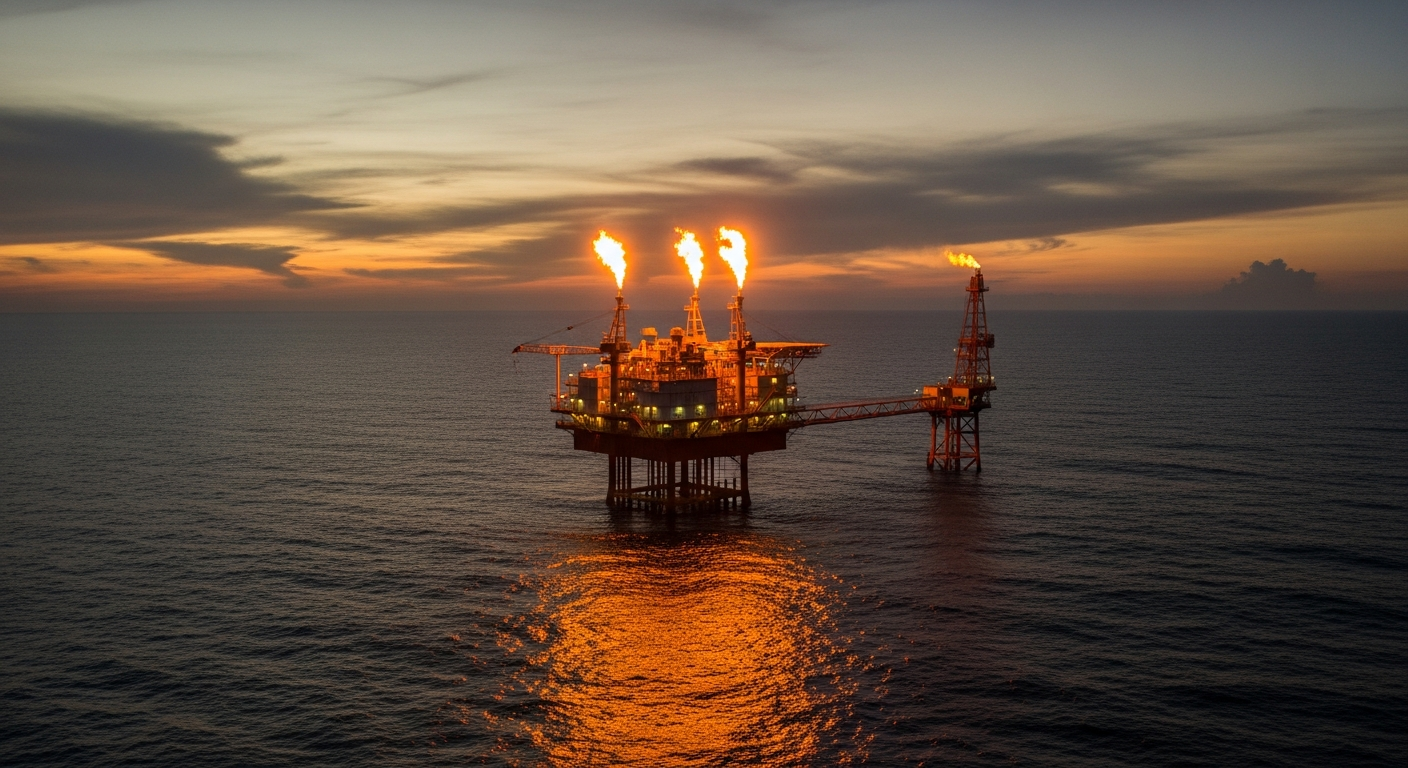 Plataforma de petróleo offshore com flare de gás ao entardecer