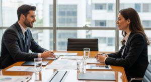 Assessor de investimentos conduzindo primeira reunião com cliente em escritório corporativo moderno