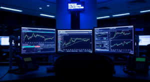 Sala de operações financeiras com monitores exibindo dados de crédito corporativo e inadimplência