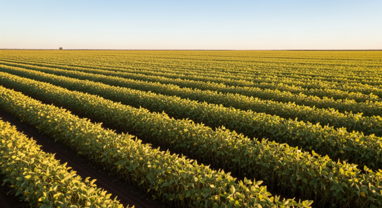 Lavoura de soja com stress hídrico fotografada do ar, representando a crise no agronegócio brasileiro