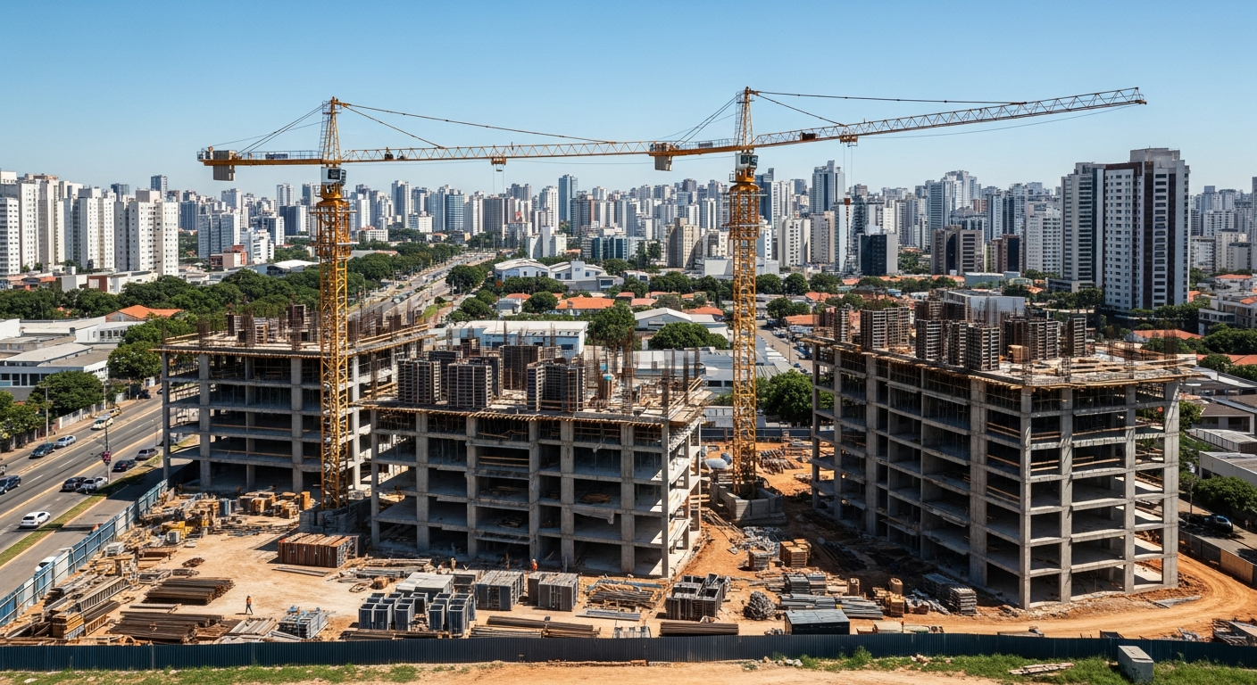 Vista aérea de canteiro de obras residencial em construção com gruas e andaimes