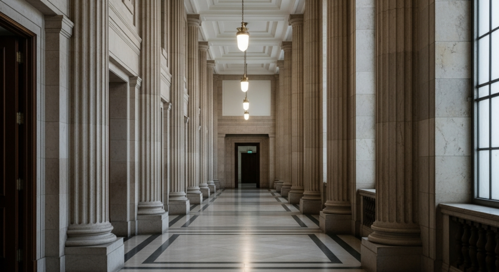 Corredor vazio de tribunal de justiça brasileiro, colunas de mármore e luz natural pelas janelas