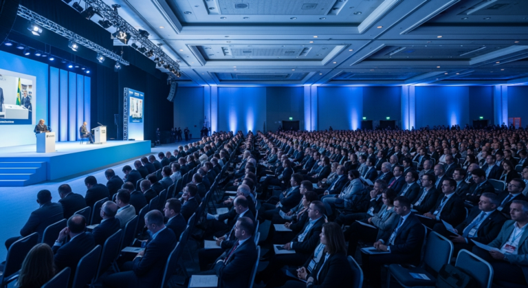 Painel de regulação financeira em evento corporativo com plateia lotada