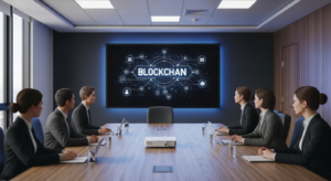 Sala de reunião com projeção de diagrama de blockchain em parede