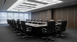 Sala de assembleia vazia representando reunião suspensa pela CVM