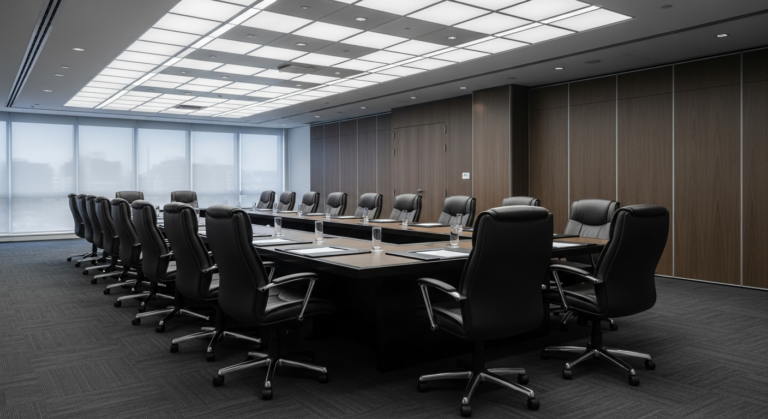 Sala de assembleia vazia representando reunião suspensa pela CVM
