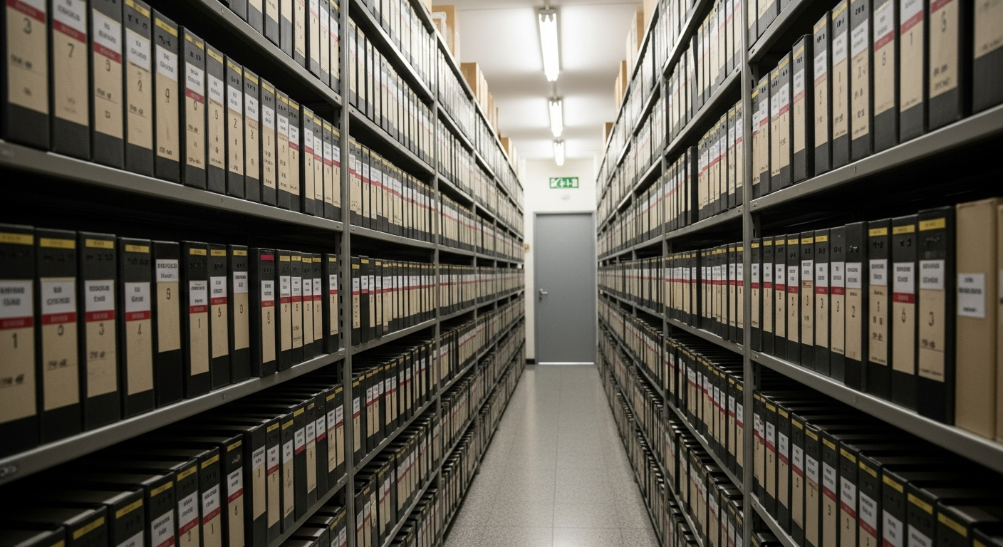 Corredor de arquivo institucional com processos empilhados, representando o acúmulo burocrático da CVM