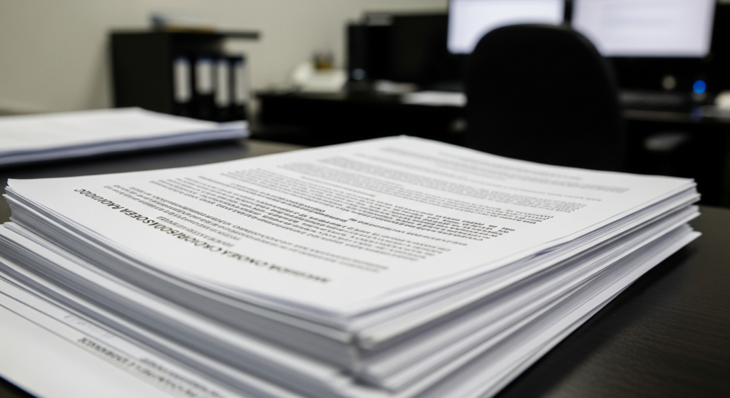 Pilha de documentos regulatórios sobre mesa de escritório iluminada com luz fria