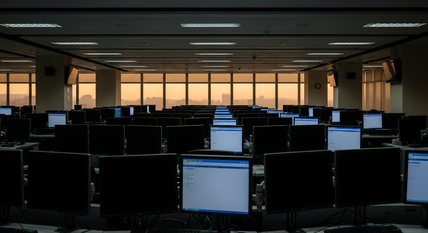 Sala de operações de bolsa de valores vazia com luz dourada entrando pelas janelas