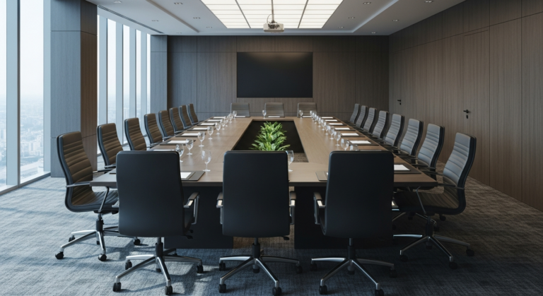 Sala de reunião corporativa vazia representando assembleia adiada