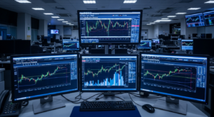 Monitores em sala de operações exibindo gráficos de fluxo de capital no mercado financeiro brasileiro