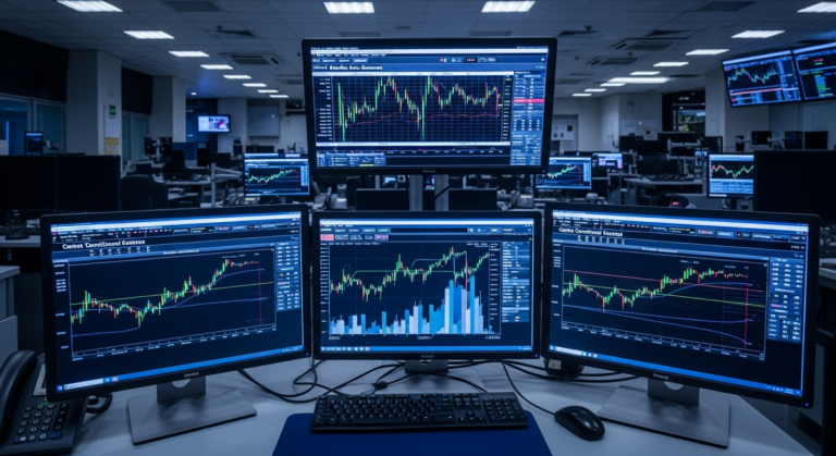 Monitores em sala de operações exibindo gráficos de fluxo de capital no mercado financeiro brasileiro
