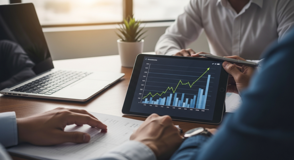 Tablet com gráfico de crescimento financeiro em ambiente de escritório