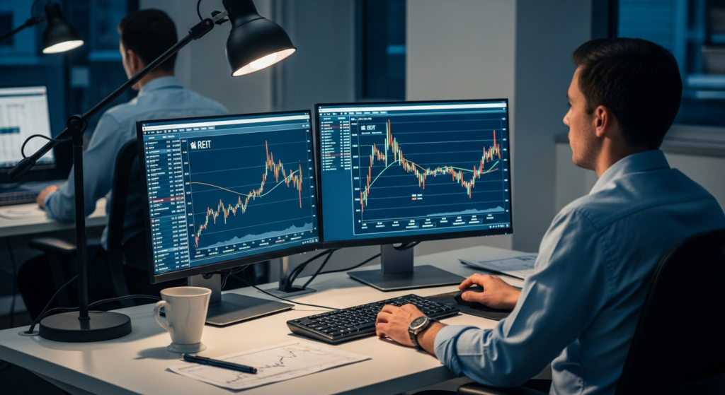 monitores de análise financeira com gráficos de fundos imobiliários
