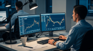 monitores de análise financeira com gráficos de fundos imobiliários