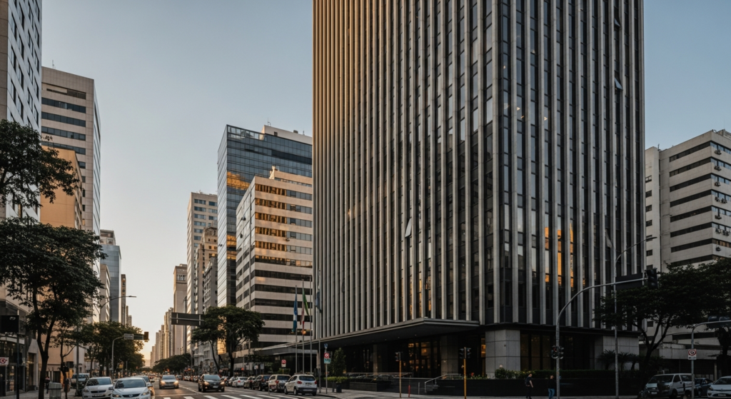 fachada de edifício corporativo moderno em São Paulo ao entardecer