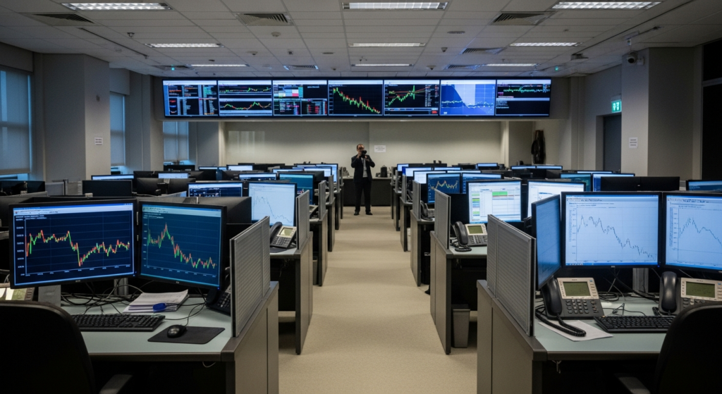 Sala de trading com gráficos de crédito em queda nos monitores