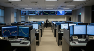 Sala de trading com gráficos de crédito em queda nos monitores