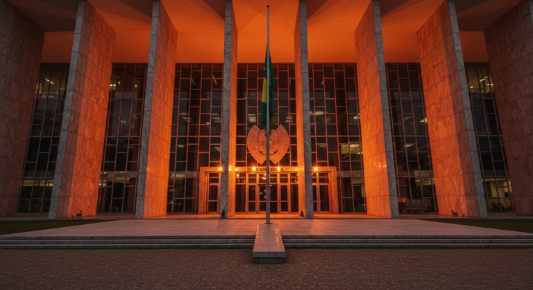 Fachada do Tesouro Nacional em Brasília ao entardecer
