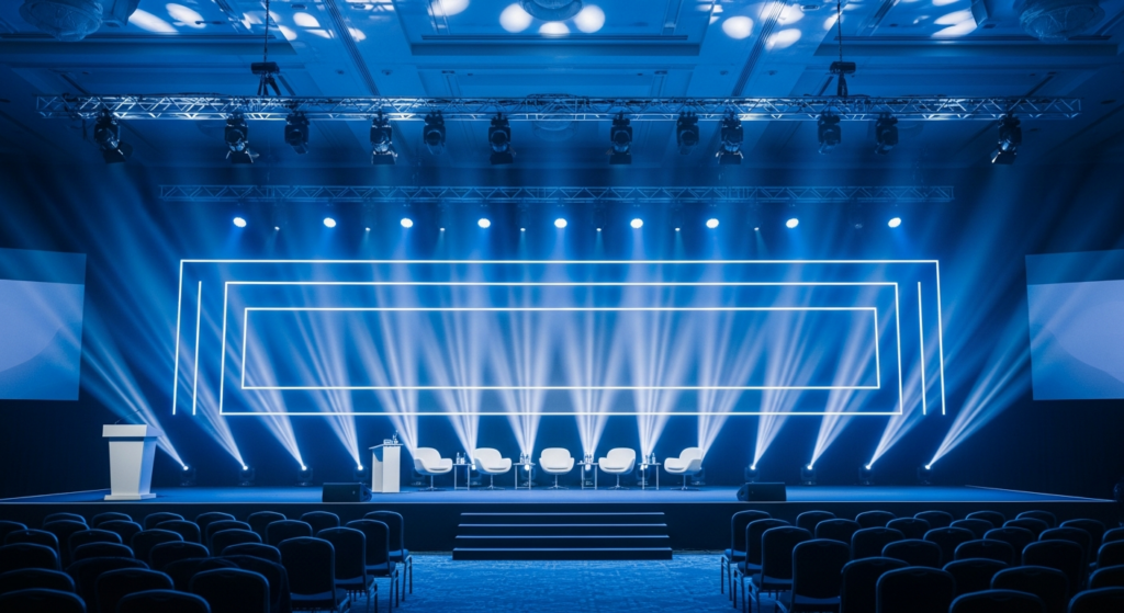 Palco vazio de conferência corporativa com iluminação em azul e branco