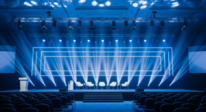 Palco vazio de conferência corporativa com iluminação em azul e branco