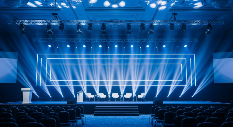 Palco vazio de conferência corporativa com iluminação em azul e branco