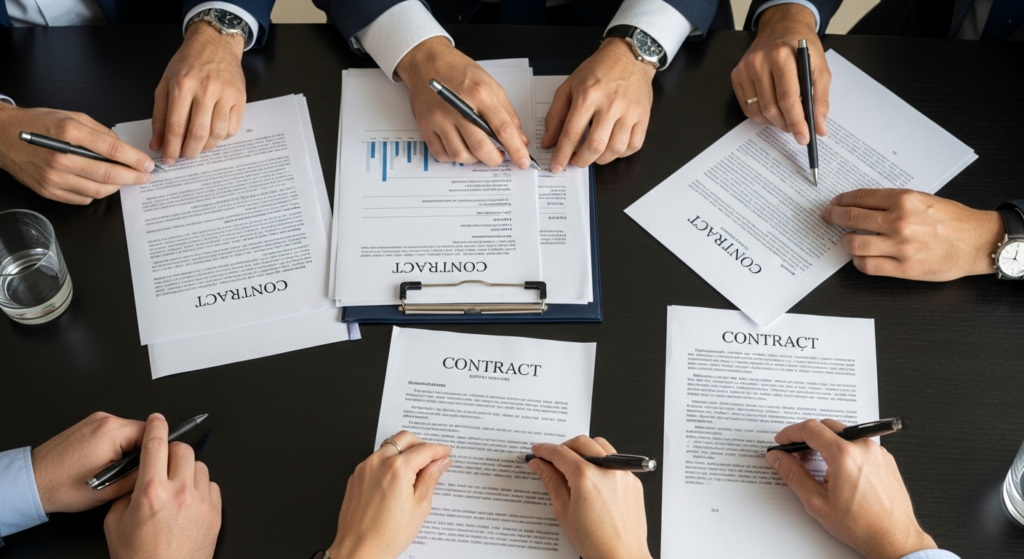mesa de conferência com documentos e contratos espalhados, vista aérea