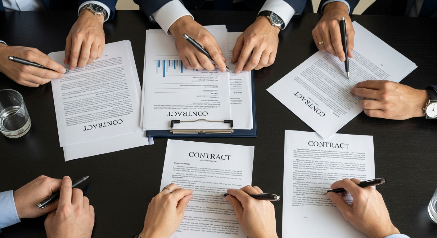 mesa de conferência com documentos e contratos espalhados, vista aérea