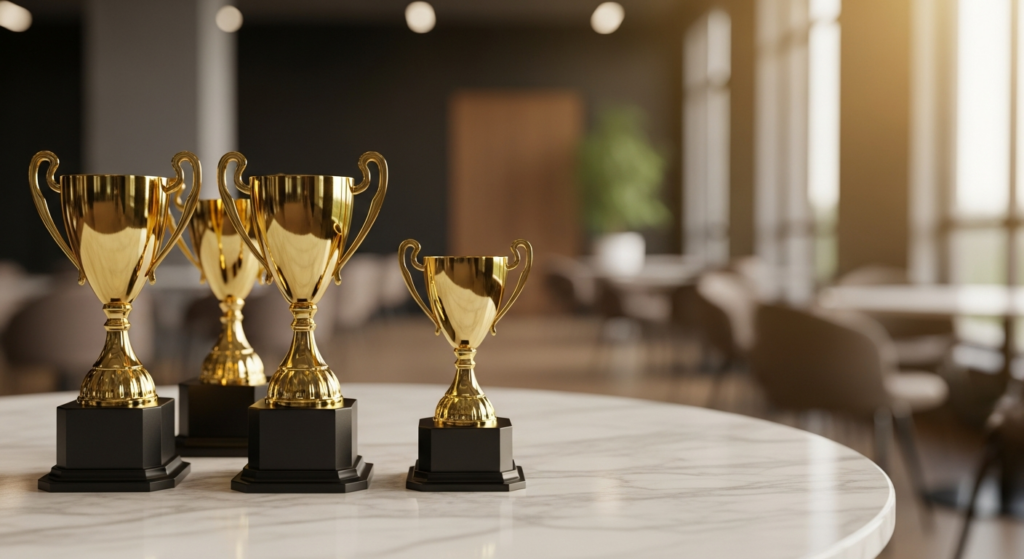 troféus dourados sobre mesa de mármore em ambiente corporativo de premiação financeira