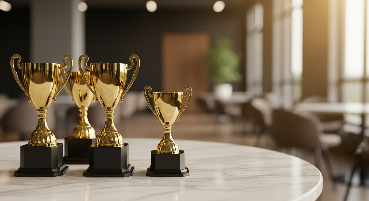 troféus dourados sobre mesa de mármore em ambiente corporativo de premiação financeira