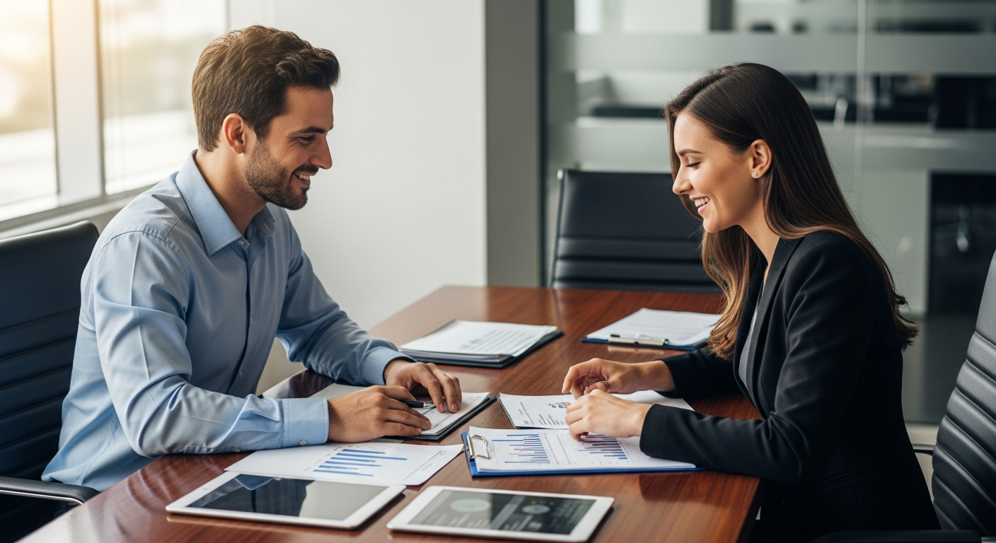 Assessor de investimentos em reunião de fechamento com cliente satisfeito, momento ideal para pedir indicação