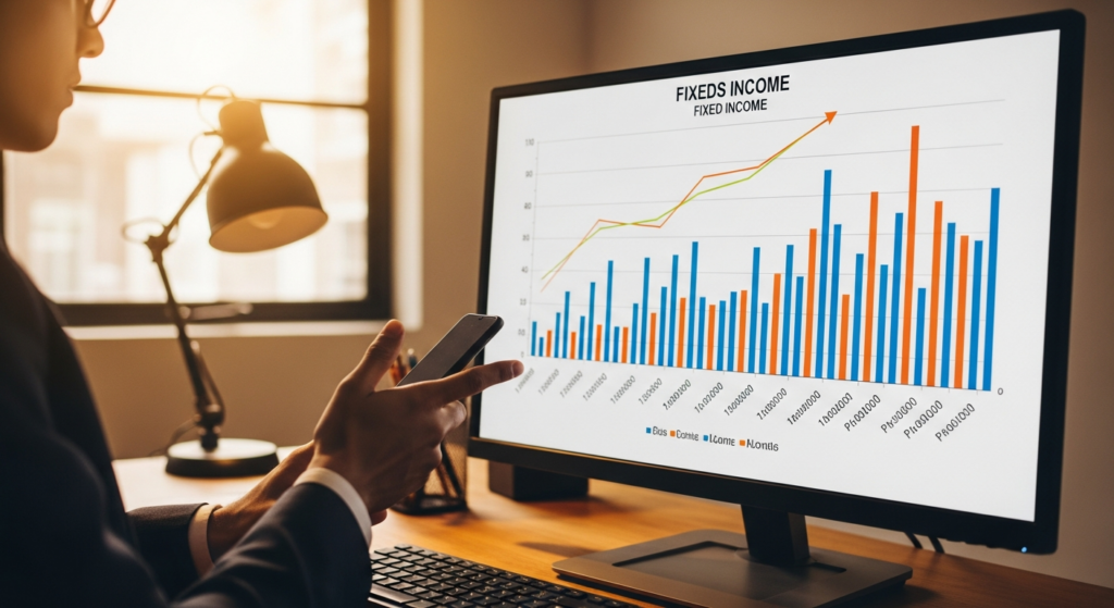 Monitor com gráficos de crescimento de renda fixa em escritório financeiro