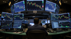 telas de trading com gráficos de ações em queda em ambiente noturno de bolsa